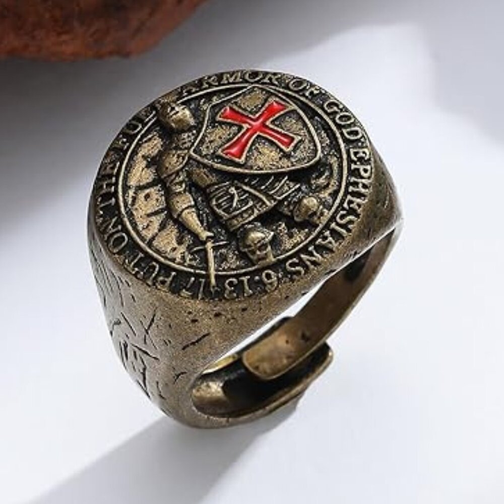 Knights Templar Ring, Adjustable Size, Pure Copper, Ephesians 6:13-17 Design